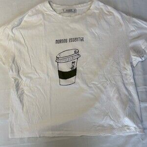 Pull&Bear T-Shirt Womens S White Morning Essential Coffee Cup Graphic